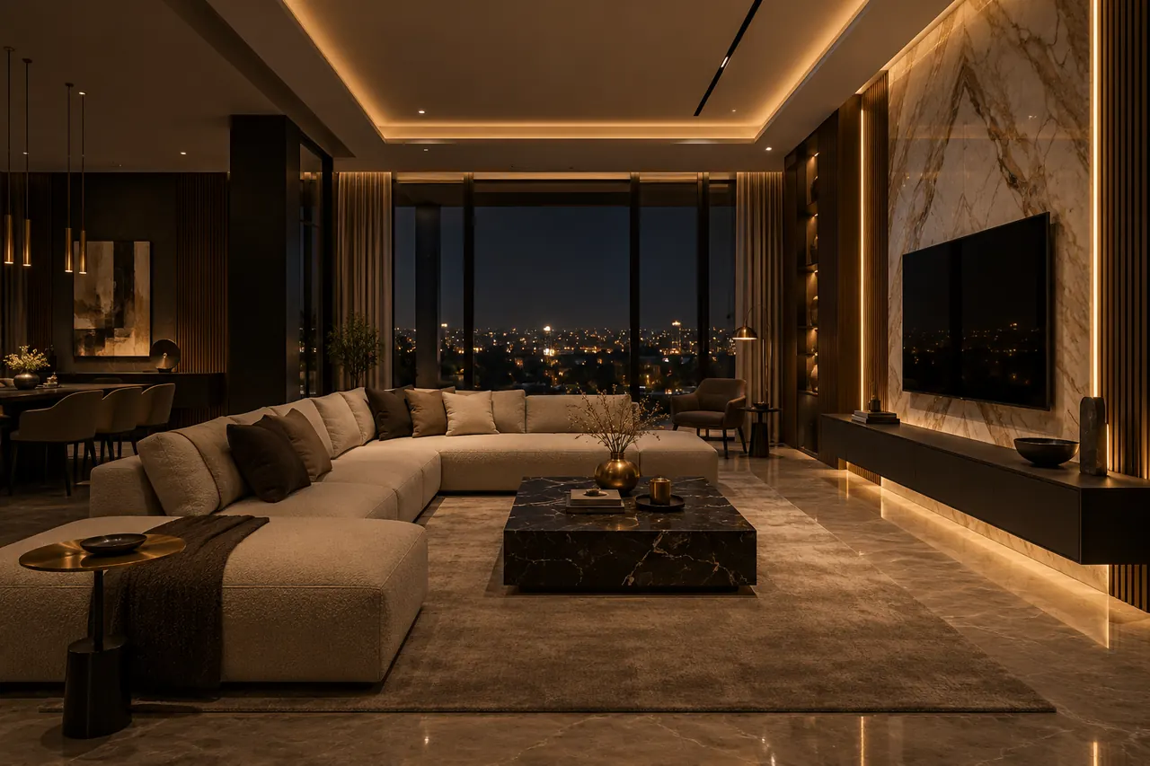 Luxury lounge interior with a lit media wall and warm cove lighting