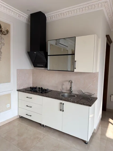 Compact white kitchen with a chimney hood and granite countertop